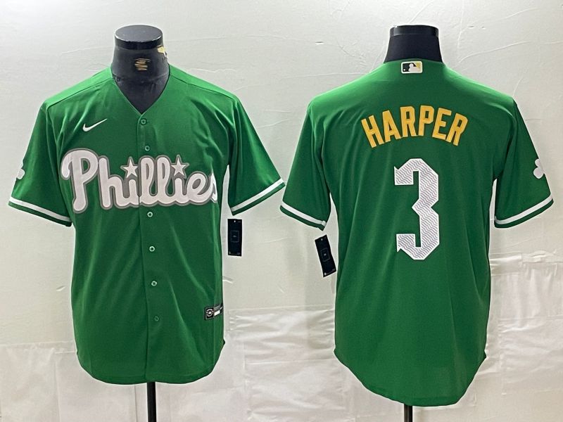 Men Philadelphia Phillies 3 Harper Green Fashion Edition Nike 2024 MLB Jersey style 1